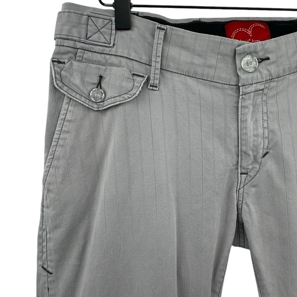 Vintage 2000s Levi's RARE Low Rise Flare Leg Pants Gray Pinstripe Stretchy | 10 - Picture 6 of 13